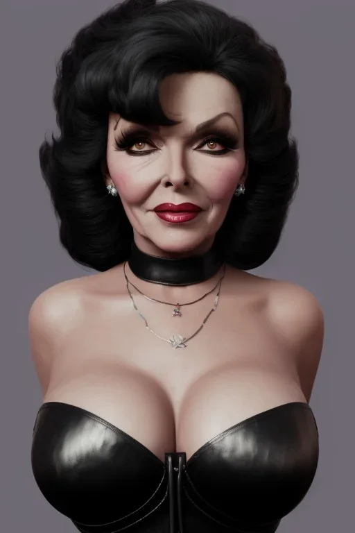 Joan Collins as evil queen in black leather, leather, busty, cleavage, angry, stern look. character design by cory loftis, fenghua zhong, ryohei hase, ismail inceoglu and ruan jia. unreal engine 5, artistic lighting, highly detailed, photorealistic, fantasy