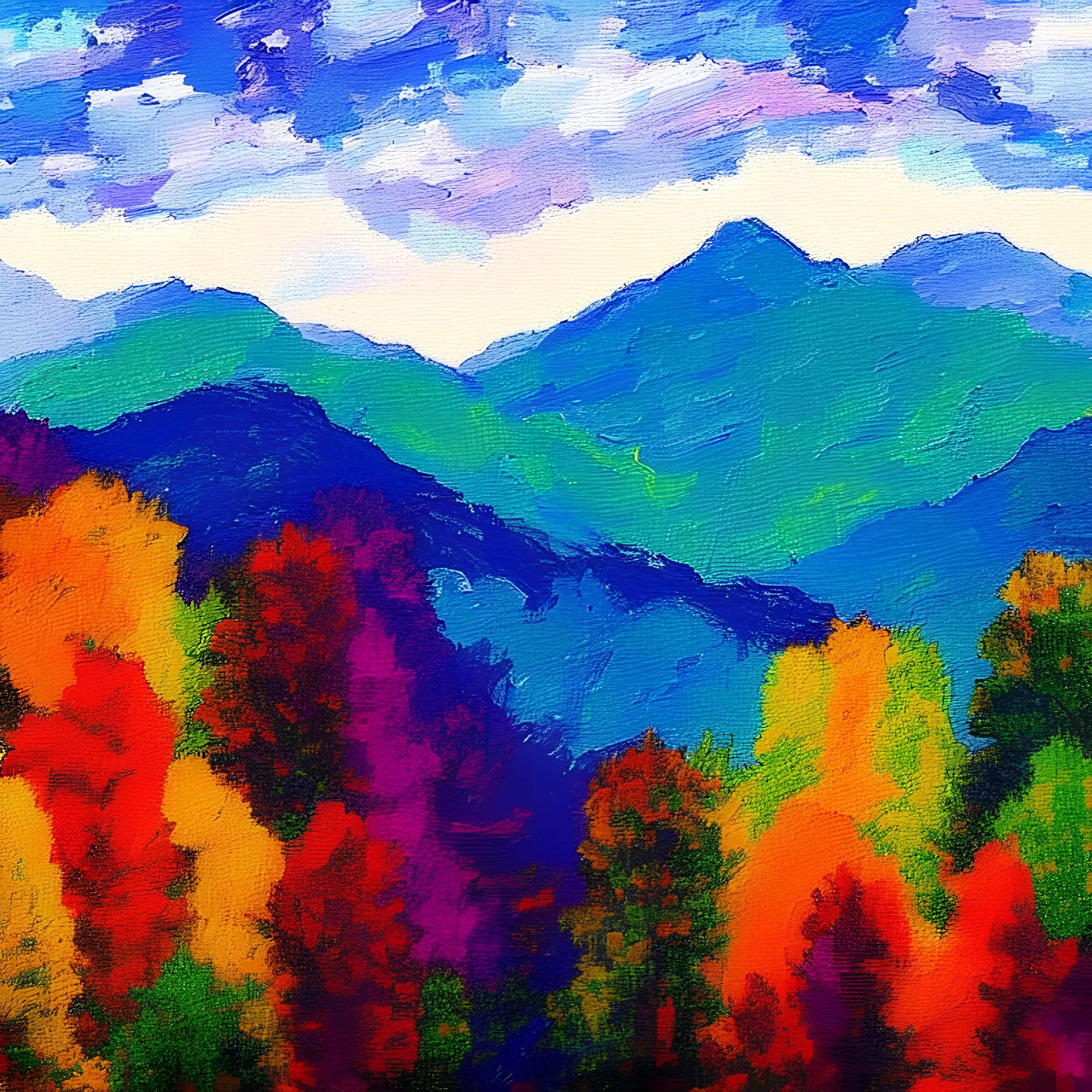 Layers of mountains and trees impressionist colorful