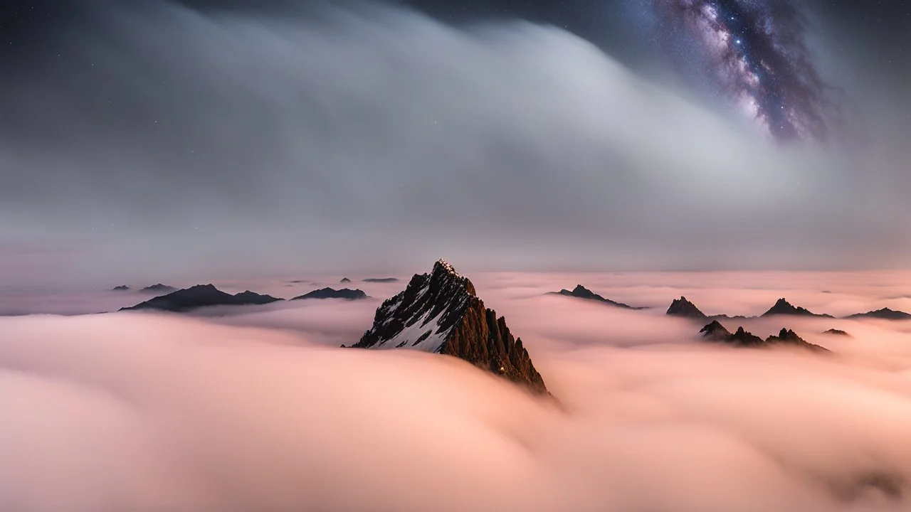 A surreal night-time scene featuring a sharp mountain peak rising through a thick layer of fog. Only one single peak is visible, The mountain's dark, jagged silhouette contrasts against the soft, pastel hues of the fog illuminated by moonlight. Above, the night sky is adorned with countless stars and a segment of the Milky Way, adding a sense of wonder and vastness to the scene. The overall atmosphere is mystical and serene, capturing the beauty of nature in a high-resolution, panoramic view