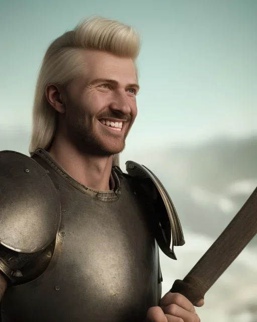 strong medieval men warrior with blond short hair, blue eyes and wide warm smile with an axe with green and brown clothes