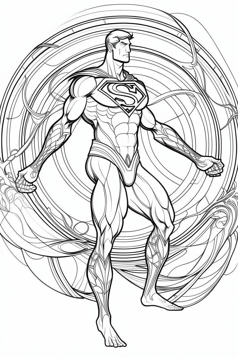 outline art An evolved Cosmic Superman .cinematic lighting, high resolution 3D render art coloring pages with witch, white background, Sketch style, full body, use outline, Mandala style, clean line art, white background, no shadows and clear and well