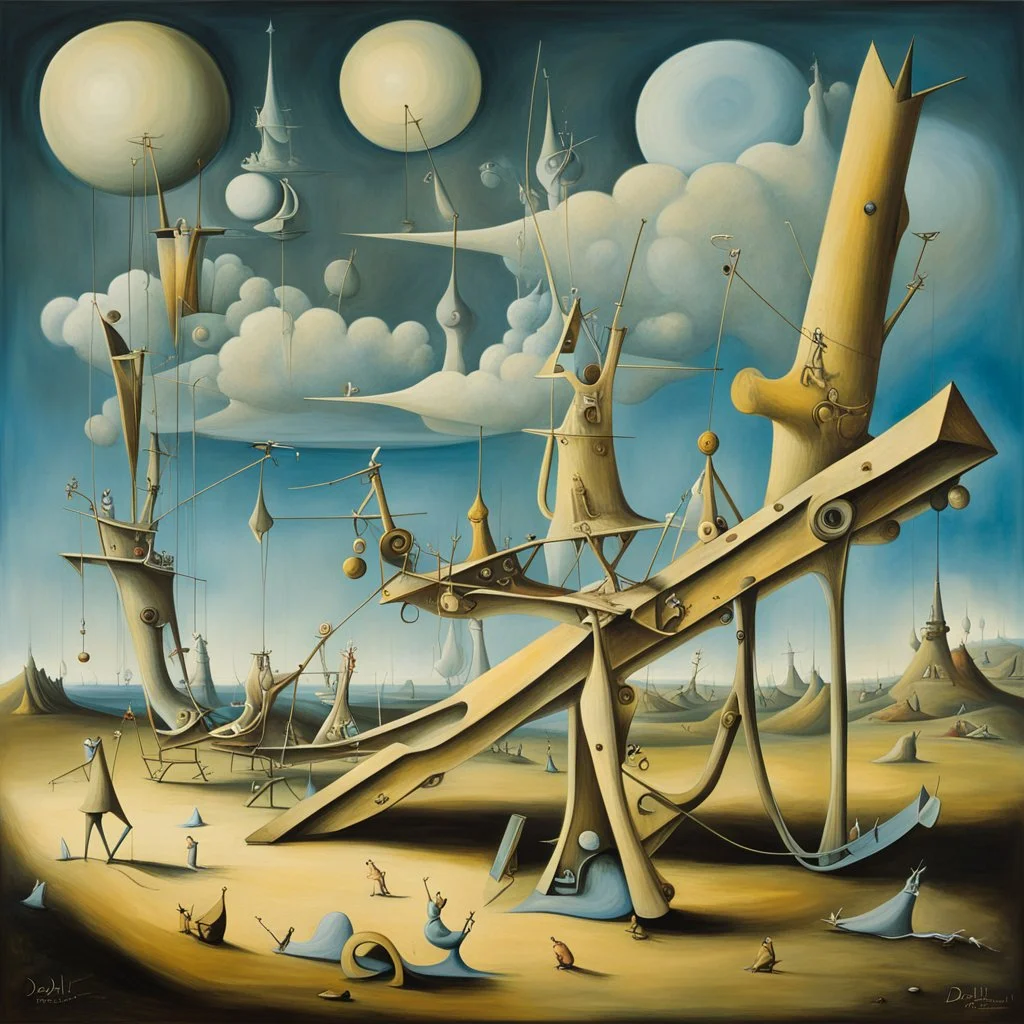 the long ladies on the teeter totter, surrealism, by Yves Tanguy and salvador Dali, by Rozi Demant, oil on canvas, long brush strokes, gestalt, darkly lit tableaux where figures mysteriously interact, magical realism peopled with idiosyncratic elements