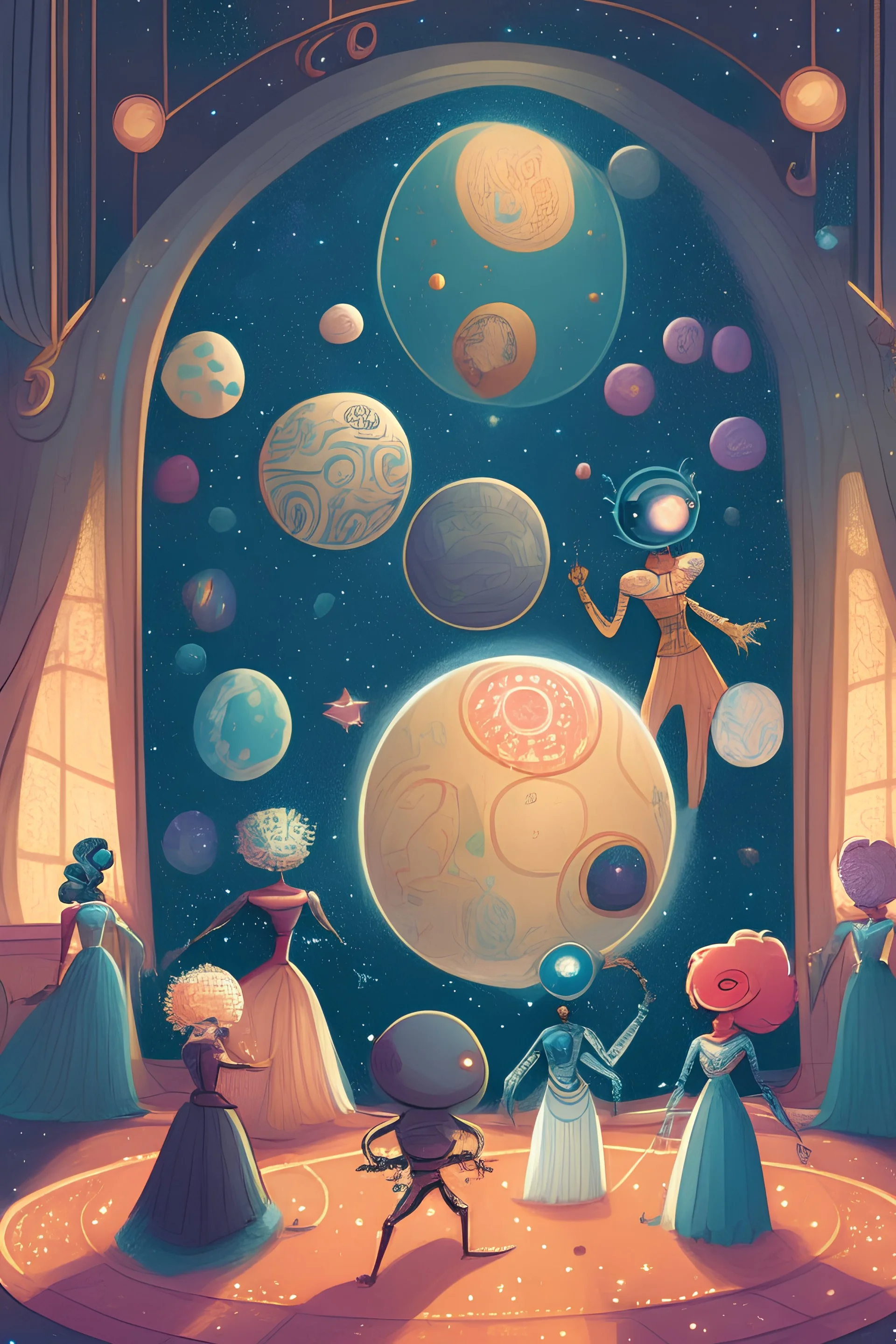 A whimsical, children's book-style illustration of anthropomorphized planets attending a celestial ball, showcasing their unique personalities and attire inspired by their planetary characteristics, set in an enchanting, starlit ballroom.