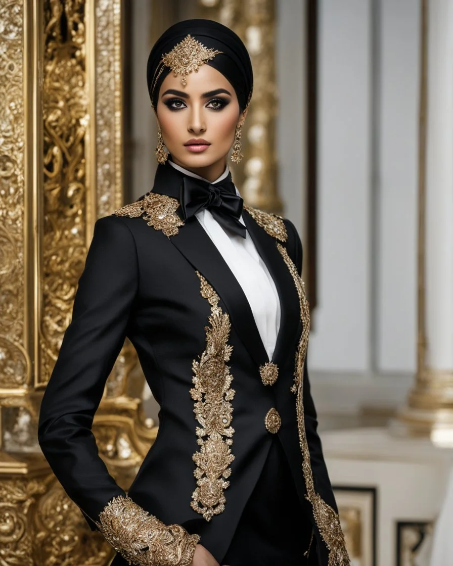 A length image ,professionals photography stand action pose ,in islamic luxury fashion show an beautiful young girl super model iranian wearing islamic hijab as spy detective with shoulder length wearing luxury jewelrys and lipstick. She is wearing a islamic fashion luxury tuxedo with a black bowtie. Her jacket is black decorations golden art and it is not buttoned.Her jacket has a corsage,She is smiling. Her cufflinks are black.stand pose in futuristic luxury photos studio