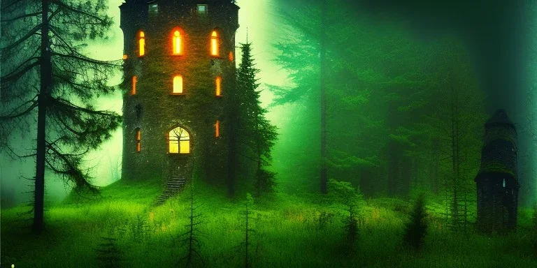 Ruined abandoned overgrown small castle tower in a dense coniferous forest, night, misty, atmospheric, fireflies