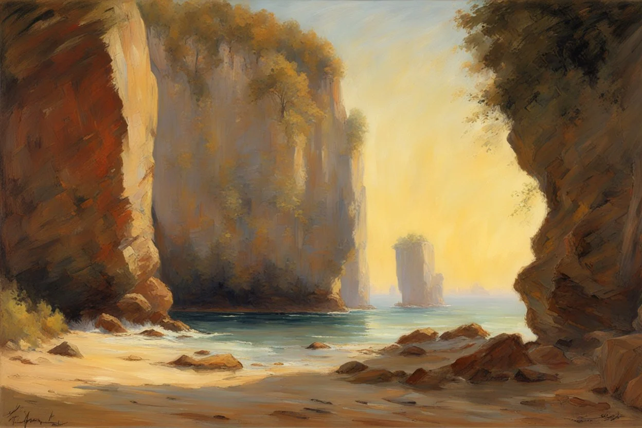 sunny day, rocks, cliffs, sci-fi, friedrich eckenfelder and henry luyten impressionism paintings