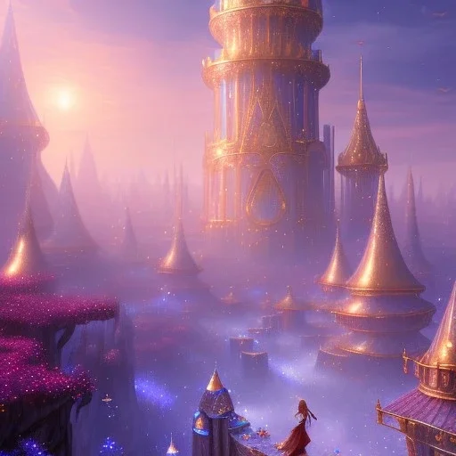 landscape, city of the elves, beautiful single woman,rose, gold, very blue sky, crystal domes, glistening oiled shiny, intricate, Exquisite details and textures, highly detailed, digital painting, artstation, concept art, sharp focus, nature background, illustration, 8k, by stability ai, nvidia