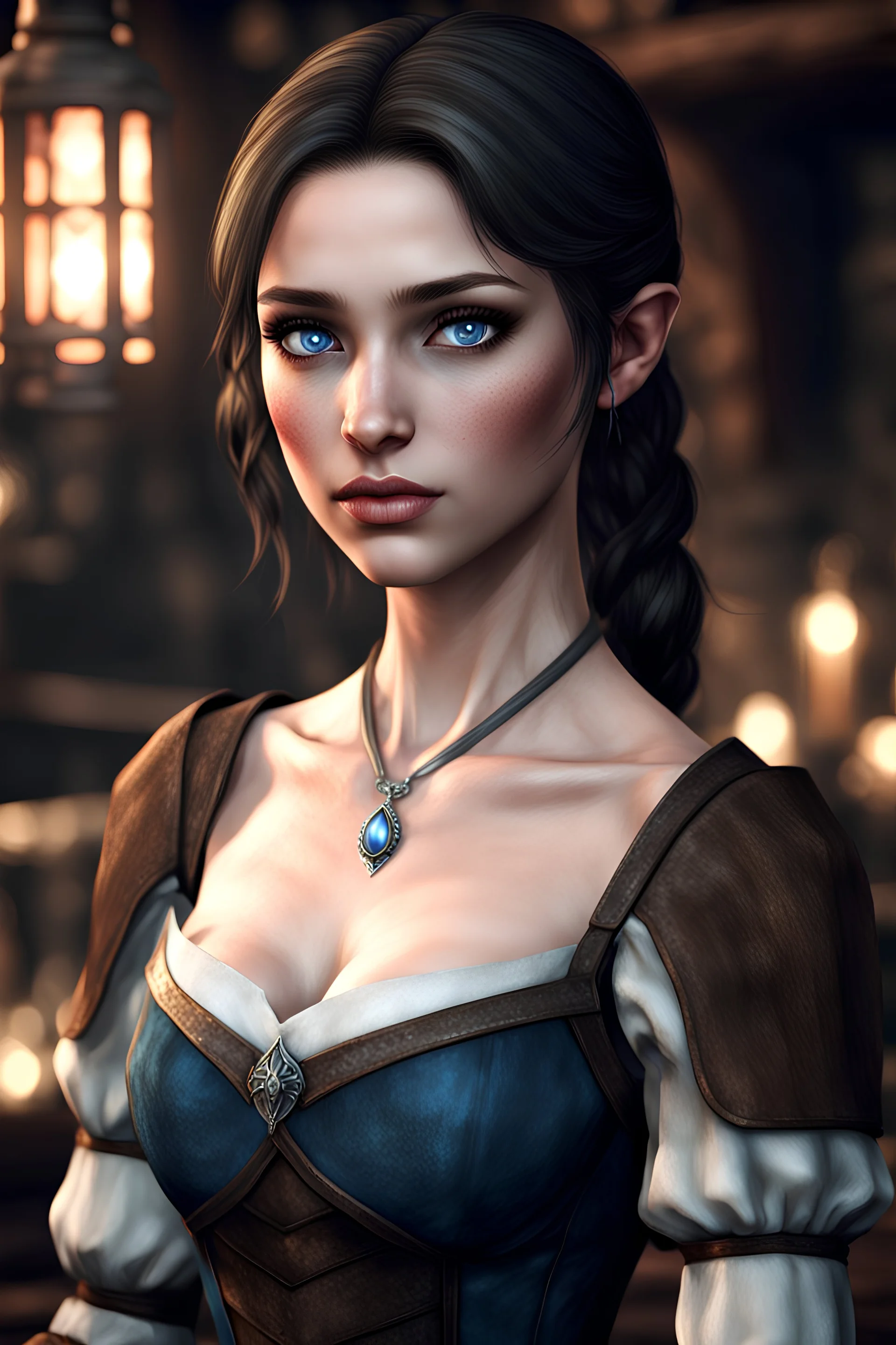 A young female imperial barmaid from Skyrim with sad blue eyes, brunette, melancholic, wholesome, medieval dress