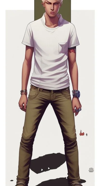 Teen man, blond hair, perfect face, style of tomer hanuka, jeans, white, t-shirt, pompadour