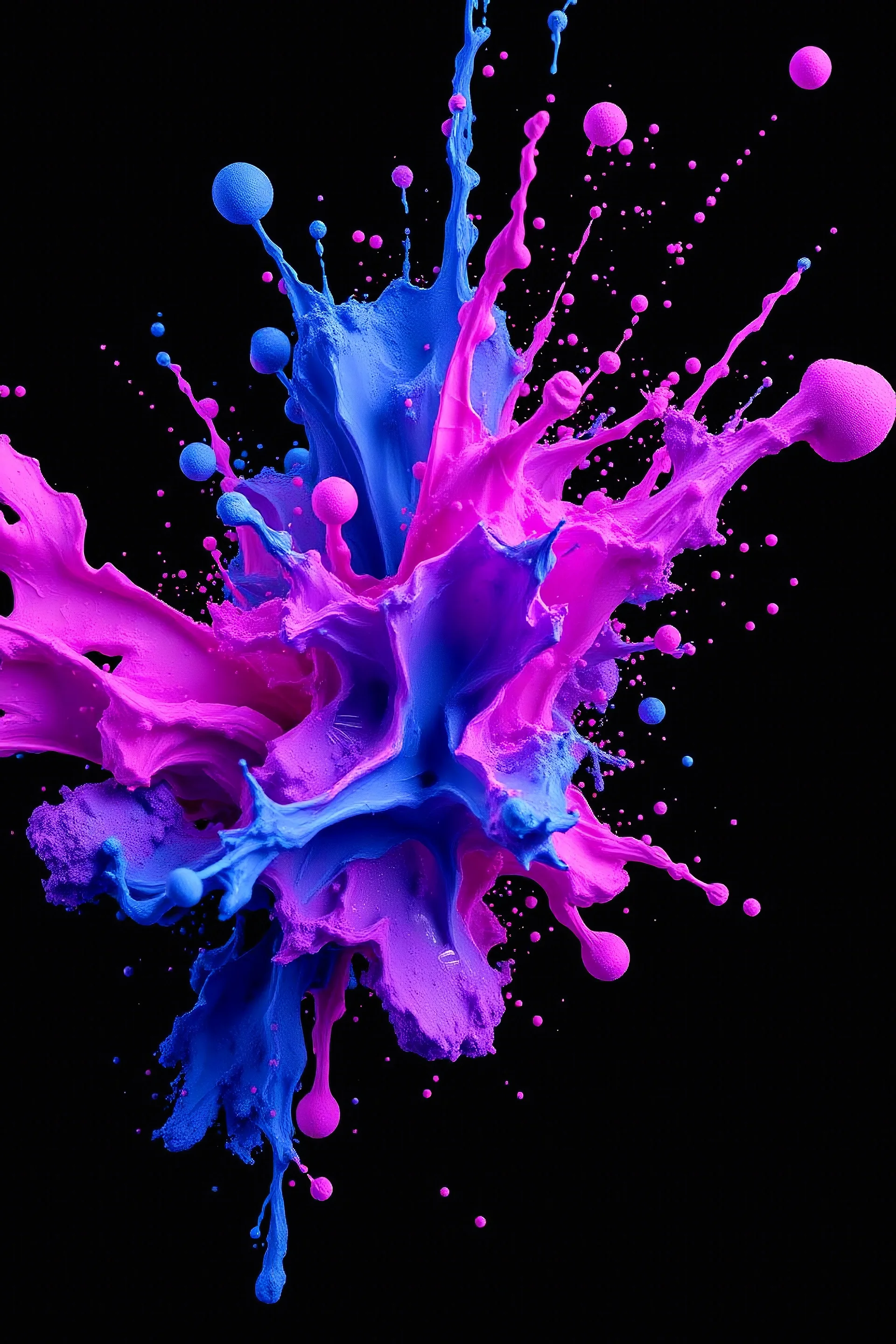 vibrant colors, different teint of blue, pink, purple,black , 8k resolution, paint splashed 3D effect, fuller picture, black background