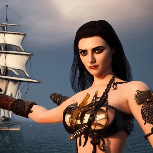 realistic, young spanish model with a pirate sword,short black hair in the wind. black tatoo on arm. dressed as a pirate, bra with carved leather. Salvador dalì style. Ships in background with high details. 4k, unreal engine.