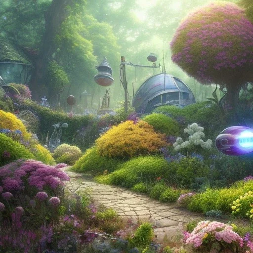 pixar style, volumetric summer garden environment and background, realistic painting of debris spaceship, looking excited, volumetric lighting, dramatic lighting, detailed digital painting, extreme dense and fine fur, anime, ornate, colour-washed colors, elegant, small minutiae, tiny features, particulars, centered, smooth, sharp focus, renderman gofur render, 8k, uhd, detailed eyes, realistic shaded volumetric lighting, sunlight caustics, backlight, centered camera view