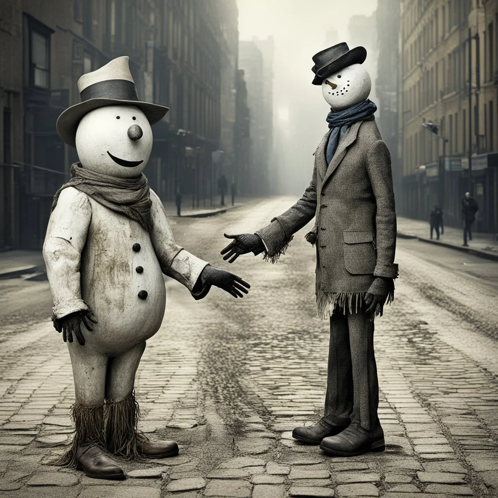 Snowman shaking hands with a scarecrow in middle of city street, by Erwin Wurm and Ben Goossens, mind-bending realism, weirdcore, something strange about to happen, natural lighting, by Joel-Peter Witkin