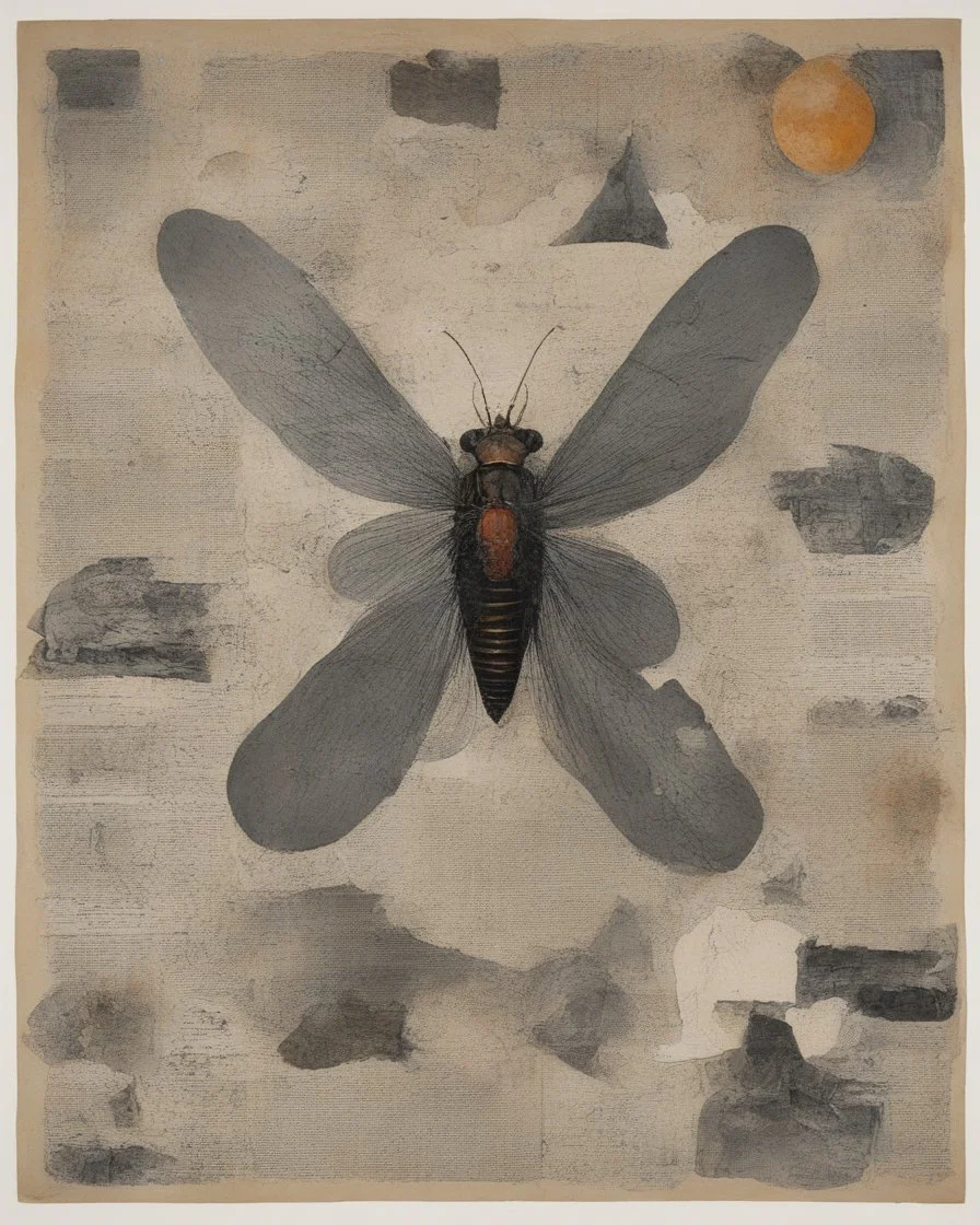 [A FLY HAS FALLEN IN THE OINTMENT], reality has no authority here, shapes before subjects, perspective replaced by importance, hierarchy overrides anatomy, shared symbolic plane, giant shape masses, tiny fragments, symbolic scale, asymmetry, negative space, one element must violate the visual order, Byzantine symbolic scale, torn-paper modernist folk-art collage, bright upper-range mid-high-key palette, square 1:1. ChatGPT