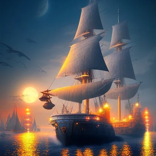 Fantasy city, cove, dock, night, ships, large