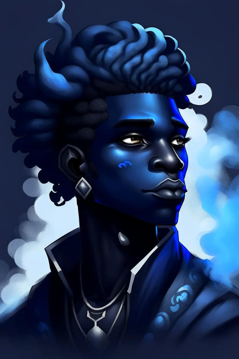 A young male Air genasi with black skin smoke some hair