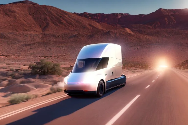 A Tesla 'Semi' (semi truck) is going at a high speed, in the Mojave Desert. (CINEMATIC, WIDE ANGLE LENS, PHOTO REAL)