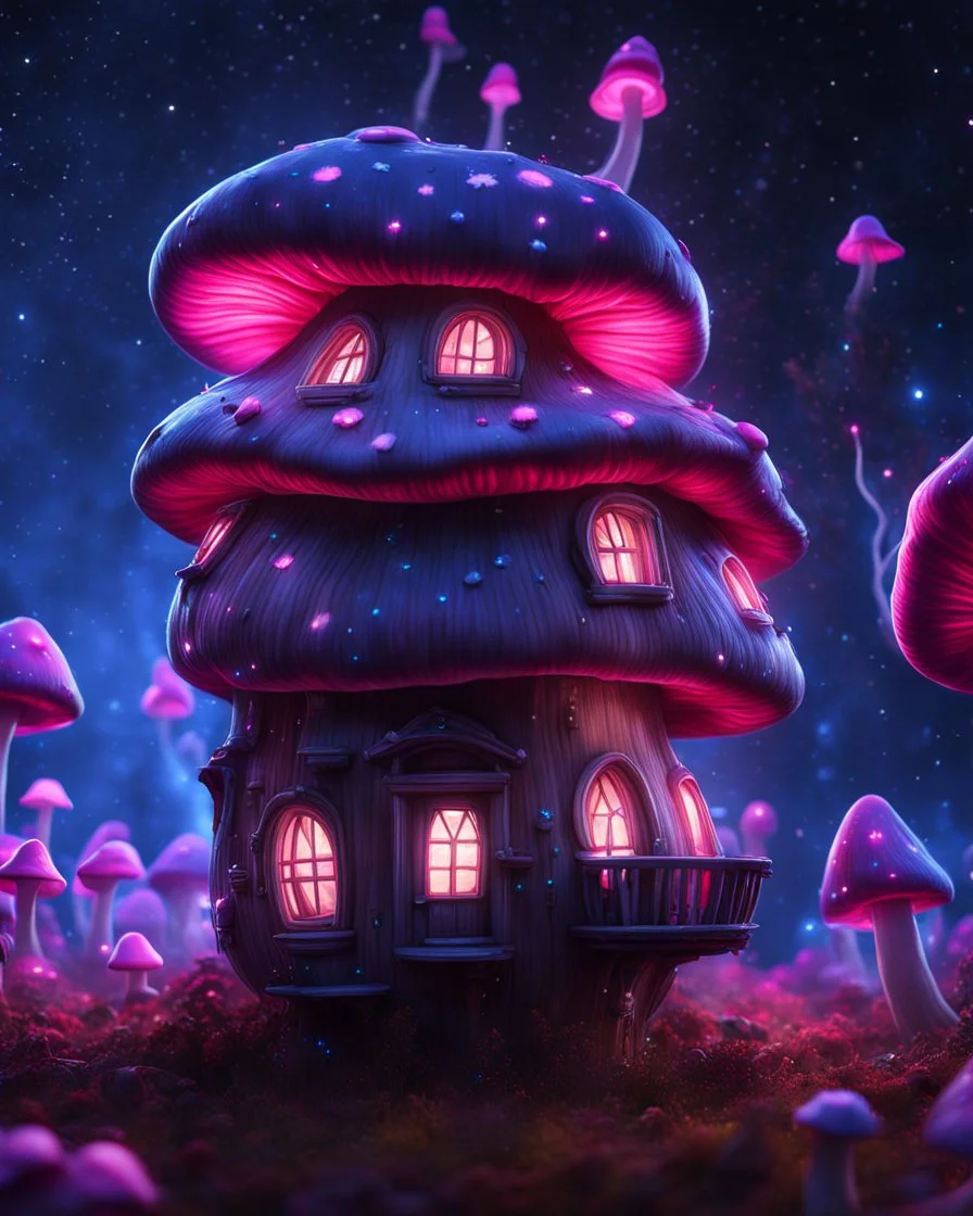 An illogically floating mushroom house on a clear night. white blue pink, Stars Dark cosmic interstellar. Detailed Matte Painting, deep color, fantastical, intricate detail, splash screen, hyperdetailed, insane depth, concept art, 8k resolution, trending on Artstation, Unreal Engine 5, color depth, backlit, splash art, dramatic, High Quality Whimsical Fun Imaginative Bubbly, perfect composition