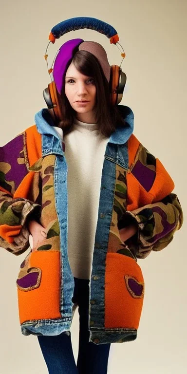 Brunette she. average body type. big head. Mantle is sewed of upcycled Denim and sewed together of camouflage pieces. Pieces' color are orange,terracotta, cream and purple. It is with big bright purple felt tippet and cream-colored-hood. mantle is merged with satchel. . Big AKG-style headphones (gold rings!) is merged with small felt cap with small visor. Style: Haute Couture in 1910's, Paris fashion in 2030, inspired by street art. Cream latex gaiter. Her head and rest body!