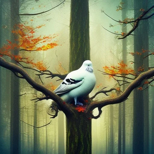  top of mega high tree, portrait of white pigeon, autumn forest background, spray paint, notes from sweet melodies as leaves in the air