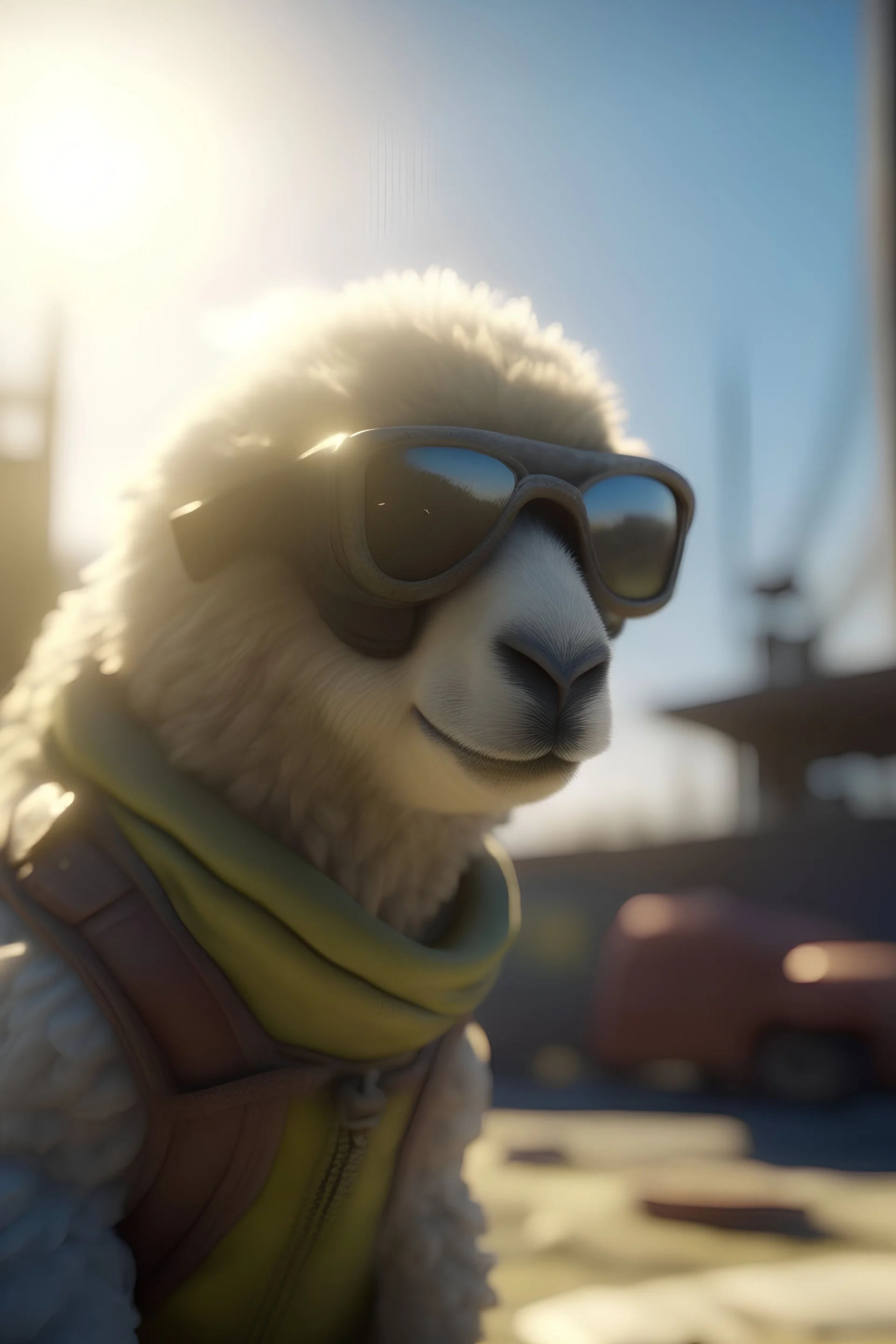 sheep ghost with sun glasses parachuting down to factory roof, bokeh like f/0.8, tilt-shift lens 8k, high detail, smooth render, down-light, unreal engine, prize winning, in the style of fallout 4 and gta 4