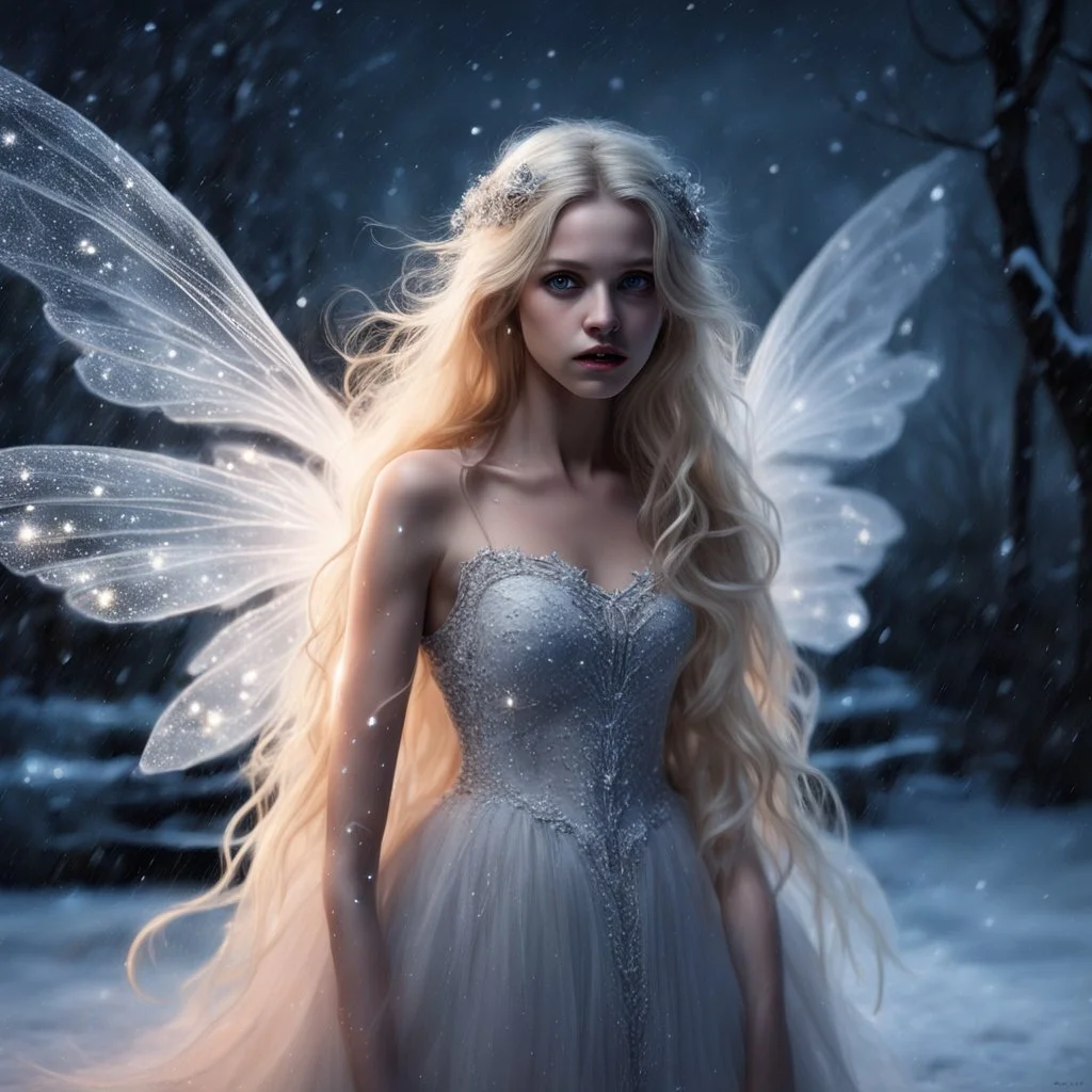 A frightened fairy in front of my car at night, it's dark and the snow is falling, she is dazzled by the headlights of my car and doesn't dare to move, she is scared, long blond hair, beautiful eyes, very light dress, translucent wings, she trembles with cold and fear,