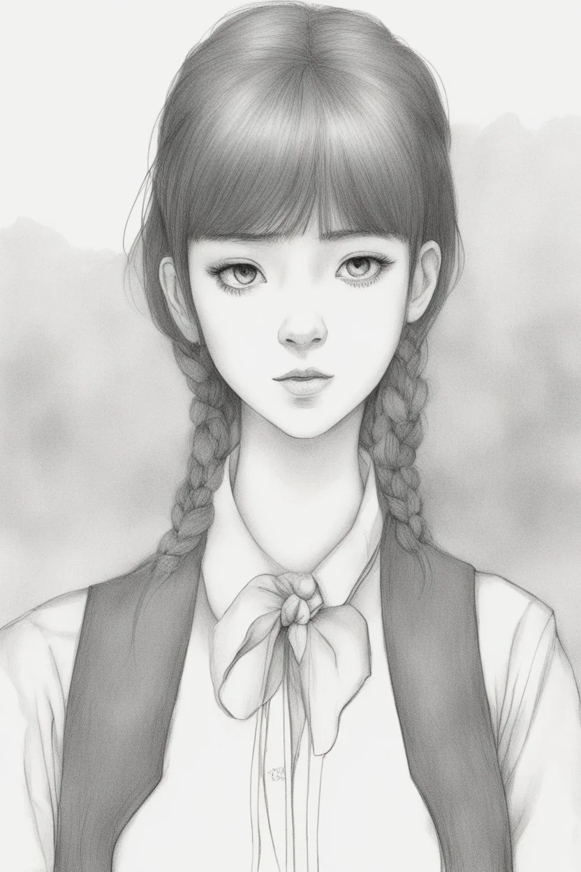 A drawing of a girl with calm features and long black hair that shows only her face. A black and white drawing. She wears a red hair tie around her neck. A pen drawing. The girl's eyes are almond-shaped, her nose is small and round, her lips are plump, her face is round.