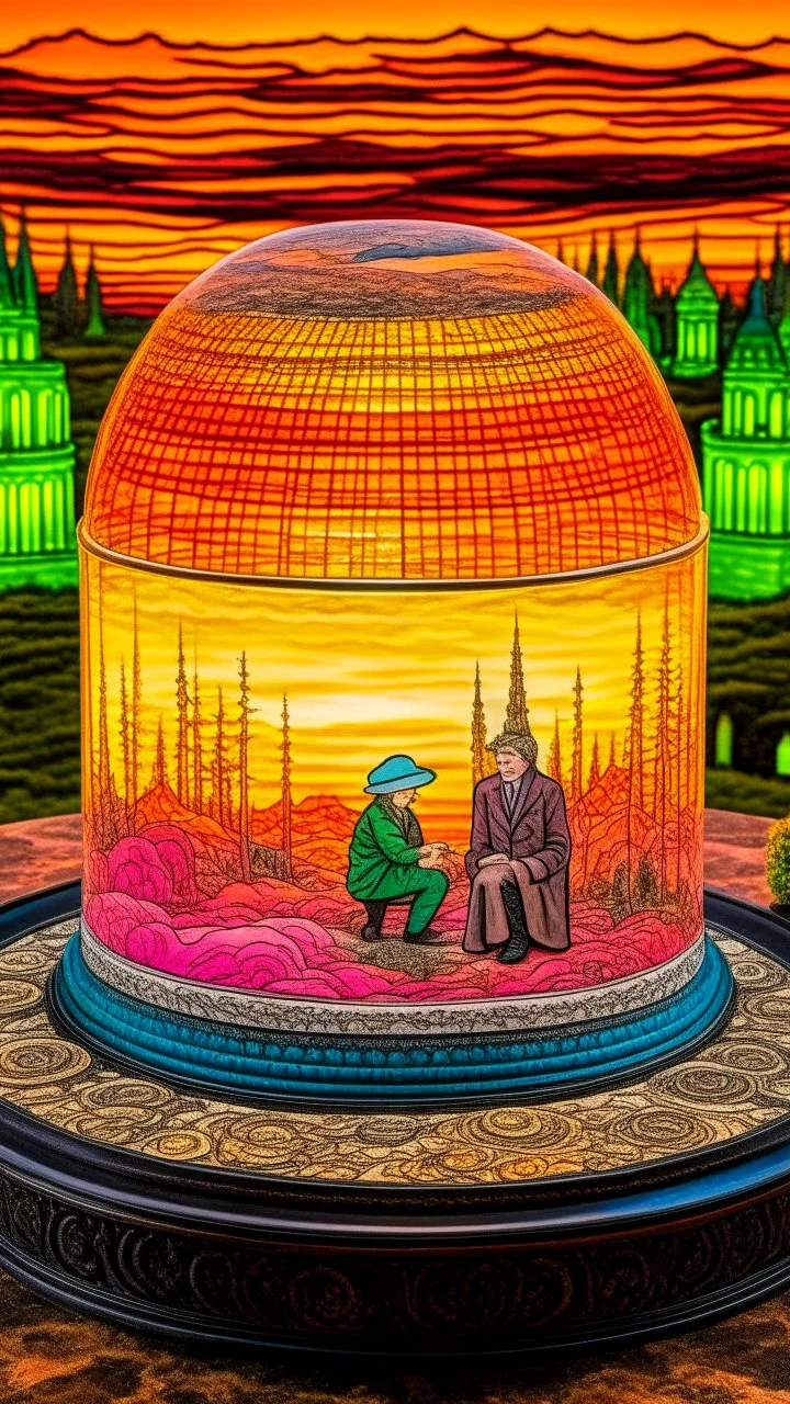 full shot of happy dandys drinking in a floating glass dome, dreamlike atmosphere, in the background the landscape burns like hell, in the style of jasper johns