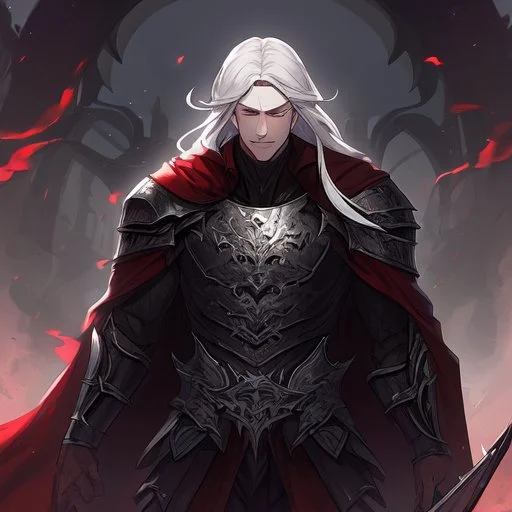 Vampire knight, young man, handsome, long white hair, black full plate armor, red cape