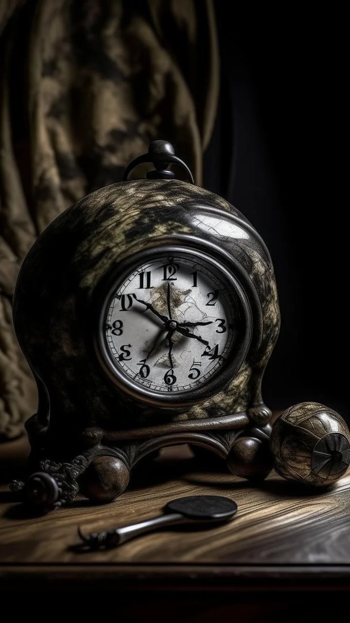 An old antique grandfather clock in the background of black vein, human veins, mixing together a lot of them, like a forest, big and small veins a lot of them, an army German helmet from ww2 sitting on an old broken table