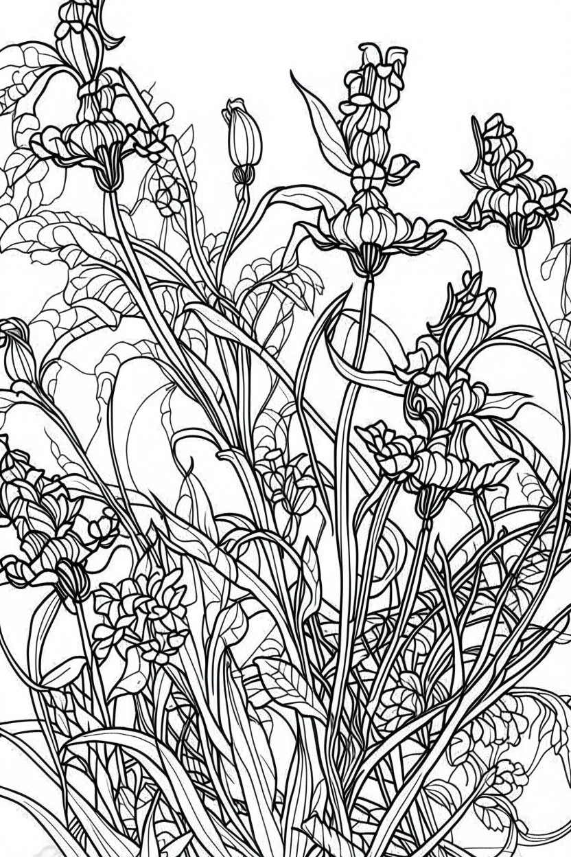 Outline art for coloring page, AVANT GARDE DRAWING LAVENDAR FLOWERS, coloring page, white background, Sketch style, only use outline, clean line art, white background, no shadows, no shading, no color, clear