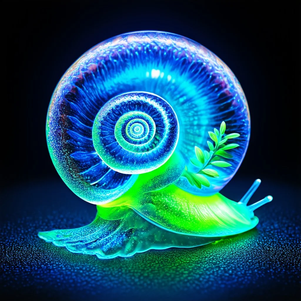 Artistic transparent glass snail-shell filled with bioluminescent fractal plants, opalescent, luminous, highly detailed digital art rendering, magical, ethereal, mystical, ambient lighting, 3D render visualization, 8K resolution