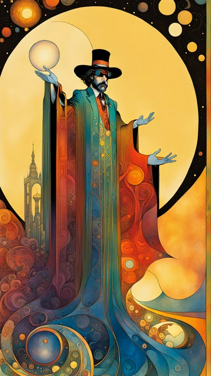 Create a chaotic abstract cubist , ornate Tarot Card depicting ,The Magician , in the style of Bill Sienkiewicz, Philippe Druillet, Gustav Klimt, Alphonse Mucha, and Jean Giraud Moebius, precisely drawn, colored and inked, in muted colors, with ornate bordered edges