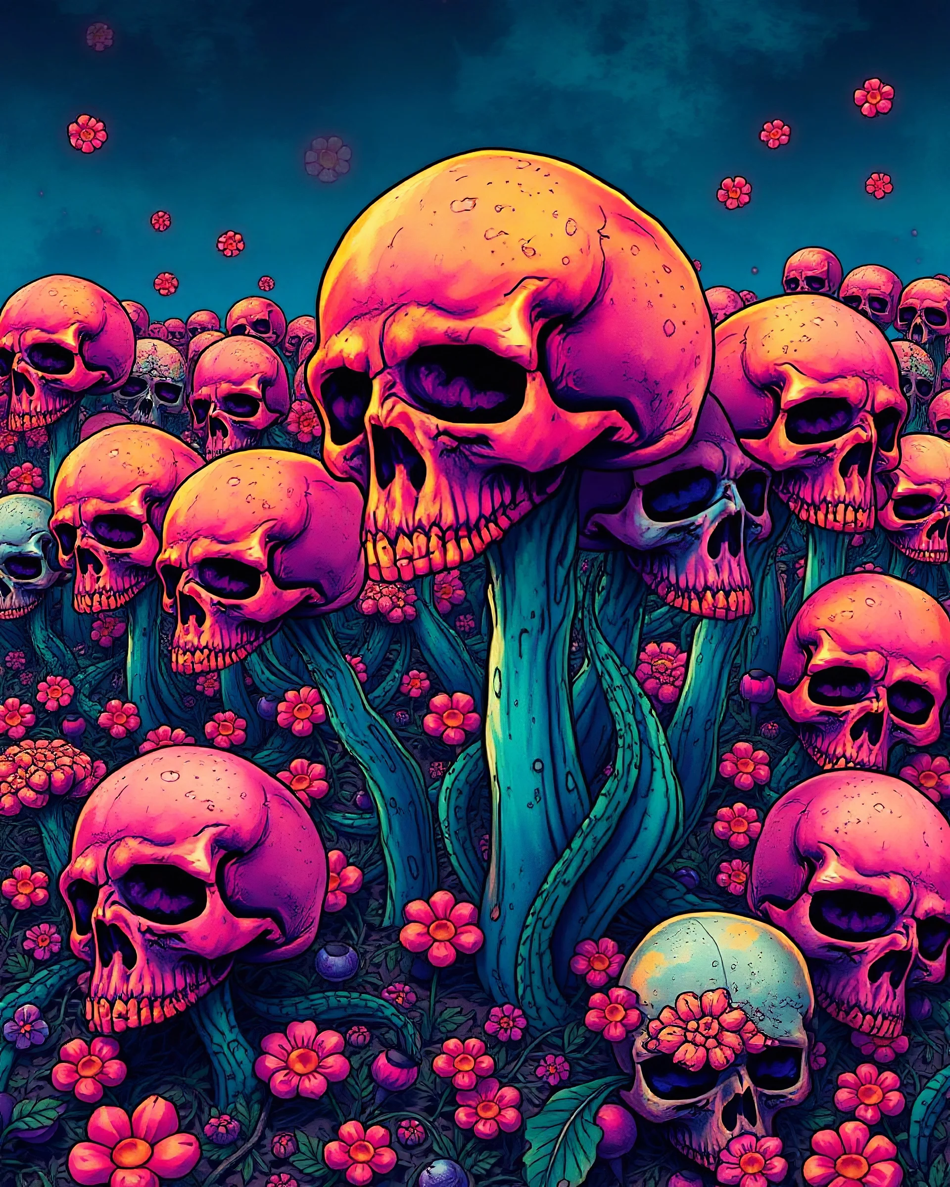 a field of skulls growing from the ground like fungus, multi colored, bright, vivid, psychedelic high detailed, matte, bunches and bubbled up clumps, horrorcore, vines