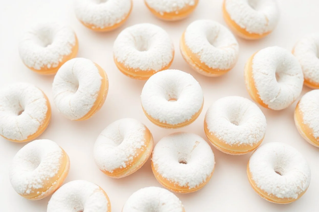 random floating evenly powdered mini cake donuts, with the donuts overlapping and the powdered sugar coating them evenly. The background should be white or a light neutral color.