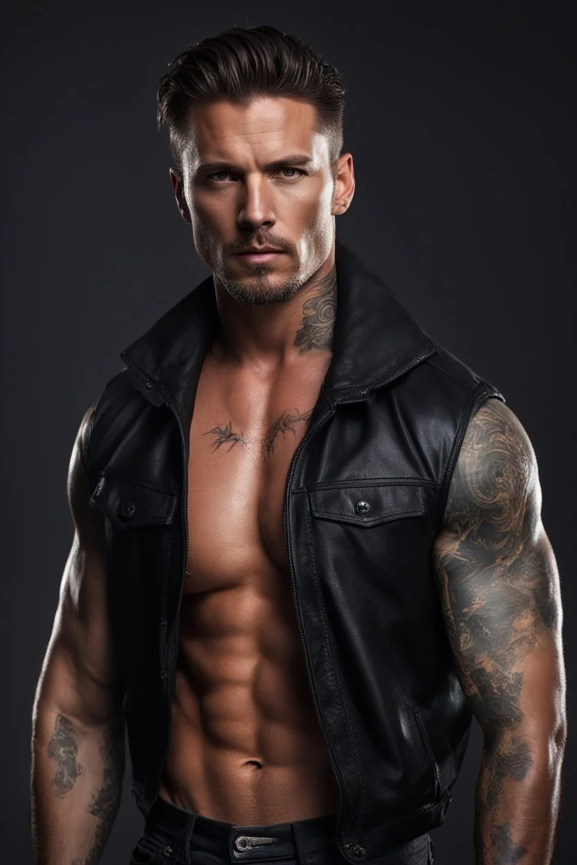 portrait of a 35 year old Handsome, rugged and muscular male with lightly tanned skin and tattoos. long brown hair and a goatee beard. wearing an black jeans and a leatheehr jacket. photorealistic