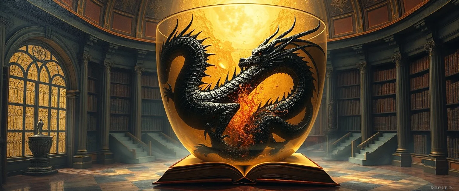 master oil painting by Escher and Giger, ancient library book obsidian black dragon inside huge transparent vase and gold, master 3d models