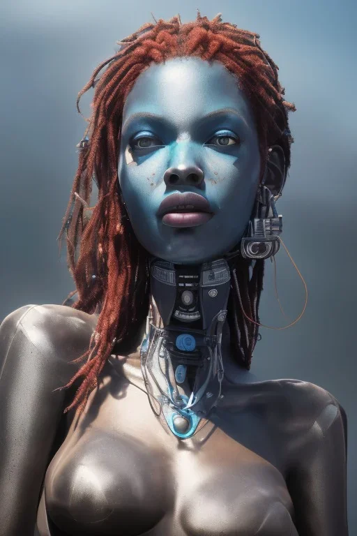 portrait,beautiful african robotic sirene, post-apocalyptic in a cyberpunk city, realistic, intriacte detail, sci-fi fantasy style, volumetric lighting, particales,highly detailed,cinematic, deep blue.