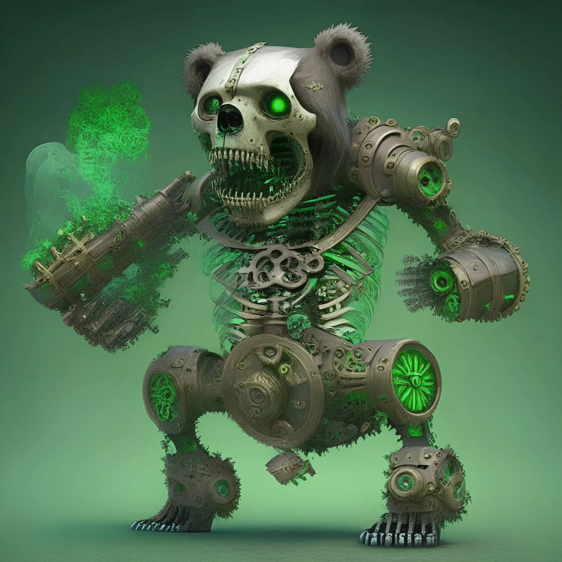 skeleton bear with clockwork body parts with cannon coming from mouth more green and brown