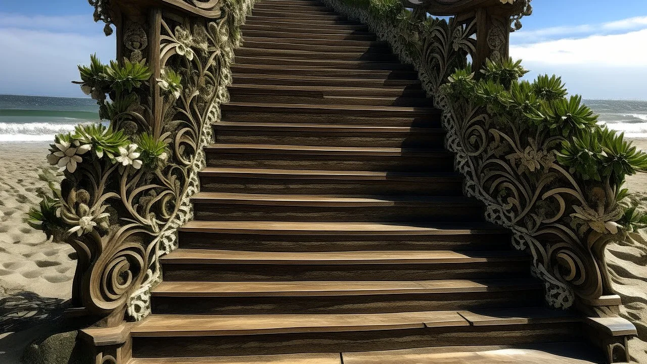 A set of small, intricately carved stairs, adorned with delicate vines and flowers, leading towards the powerful gusts of the west wind.