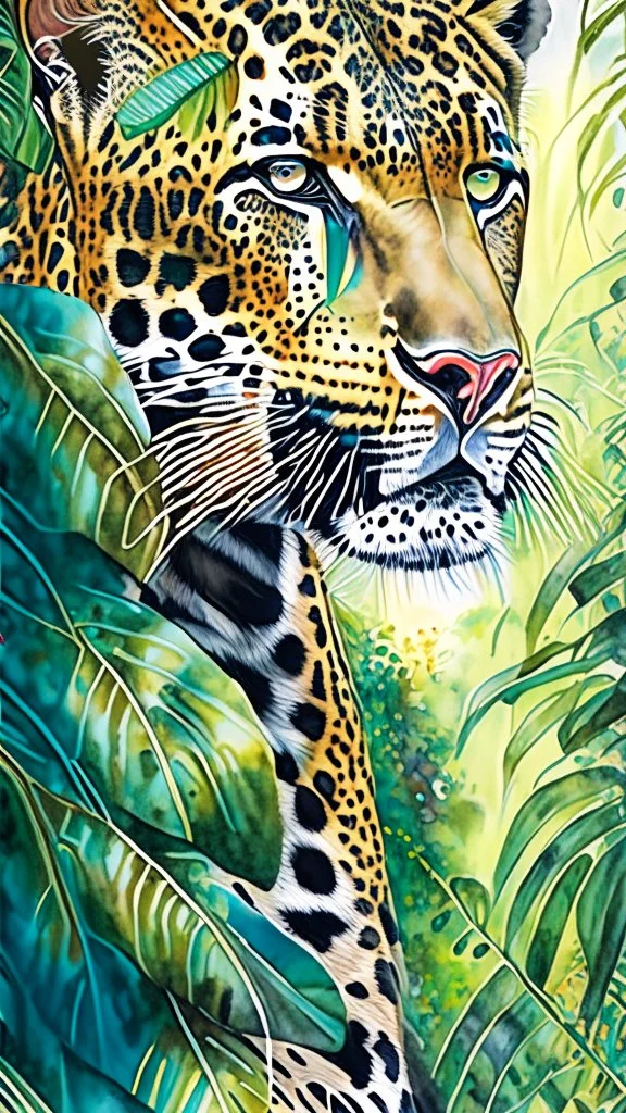 Jaguar en la selva arte acuarela colores contrastantes calidad ultra hiperdetallado maximalista 16k