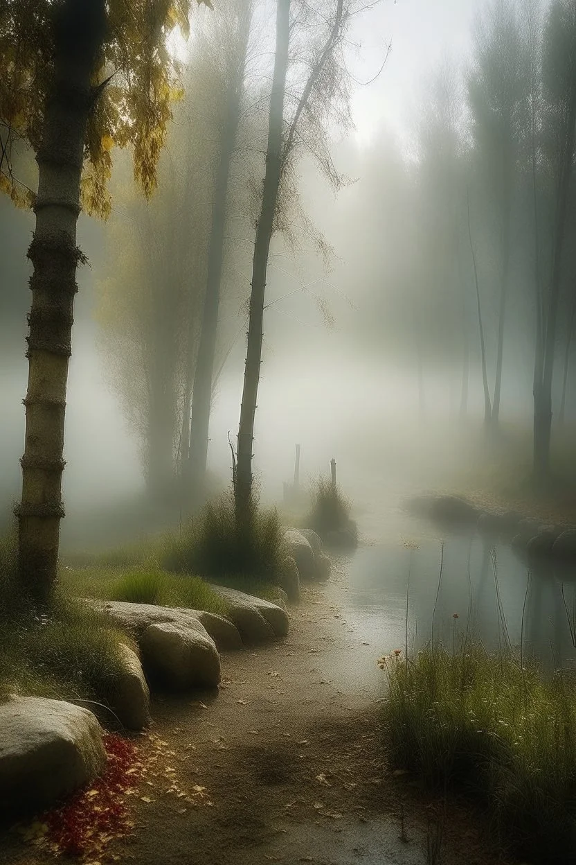 soft fog, with light breaking through, tall white birch trees, and a stone path flanking both sides of the pond going up to a gazebo, mystic fantasy genre