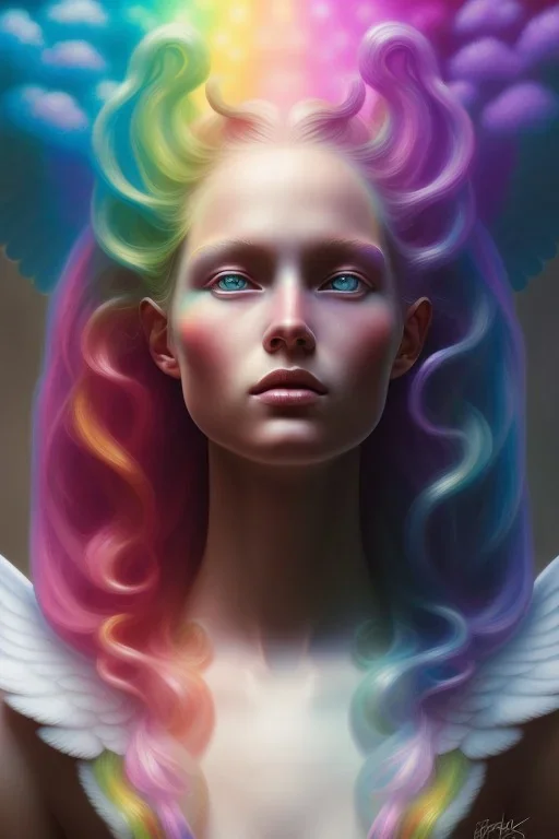 A portrait of an ANGEL with aura of 7 rainbow colors, cute, beautiful, long hair, rainbow hair, rainbows, close up portrait by Greg Rutkowski