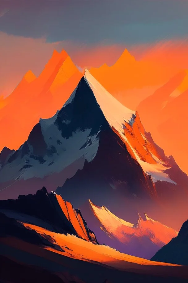 basic paint of big rock mountains with and orange dawn sky with no clouds close montains