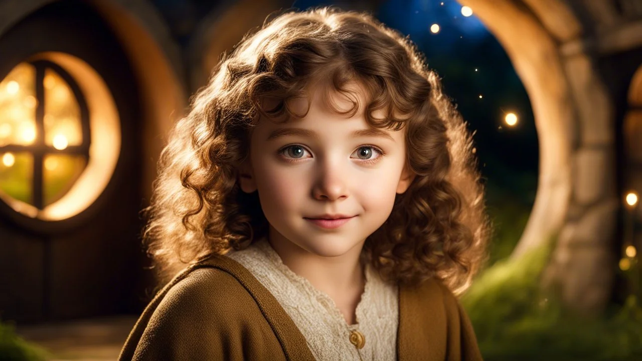 Little very young hobbit girl, beautiful, confident, calm, wise, happy, innocent, facing camera, head and shoulders, curly hair, hobbit clothing, perfect eyes, LOTR village, hobbit homes with circular windows and circular doors, night scene, stars, fireflies, 16k artistic photography, exquisite composition, photorealistic concept art, soft natural volumetric light, chiaroscuro, award-winning photograph, masterpiece, style William-Adolphe Bouguereau