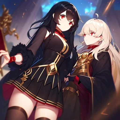 Clear Focus, High resolution, black medium fluffy hair, hair parted so beatifully, red eyes, wearing a red collar, wearing a black shirt that is half black and half gold, one sleeve is golden and the other is black, wearing a short black skirt with gold at the bottom, black fingerless gloves, long golden stockings, smiling, extreme close up