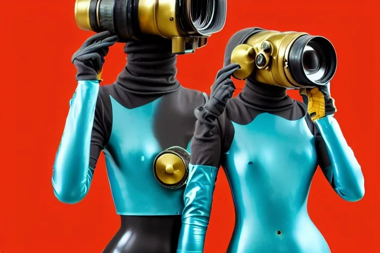 Golden to cyan surfaces body, latex. Tendril-mask-Synthesizer-proboscis. Partly armored proboscis. Coverage metallic headphones. Hot Russian military girls, trooping rebels. Old-fashioned cameras integrated to heads. Strange Steam-punk telephones! Dystopia perfect body. Red 4D-tiling. Partly symmetrical in relation to butt. Perfect golden ratio in all directions. Space-corruption. Steam-machines-tubes. 3D-Tessellation. Antennas. Oppressive atmosphere. Soviet propaganda. Egyptian Nazi