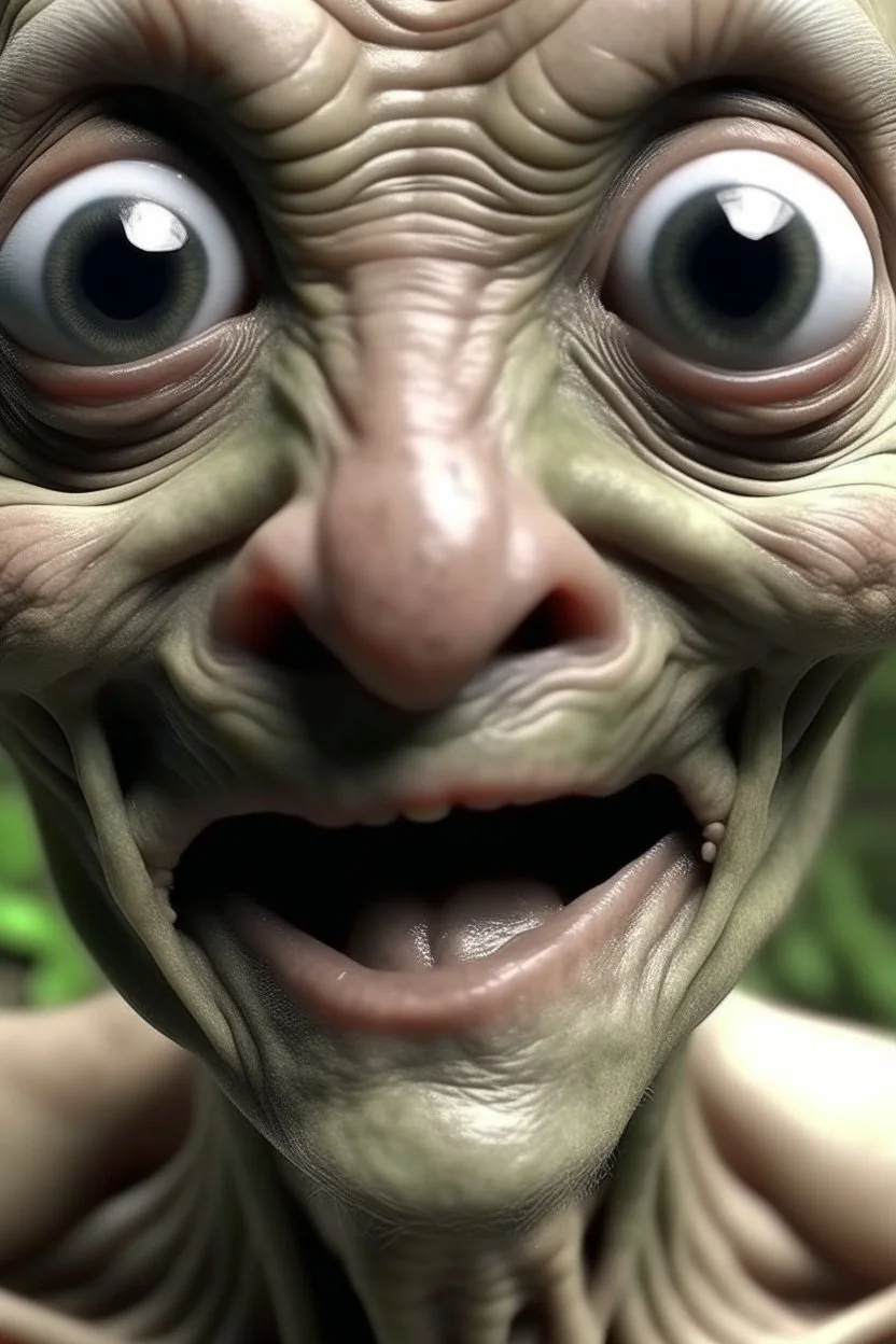 Organic with a biological mad skin texture of an alien face an animal look without nose and big black eyes and without ears
