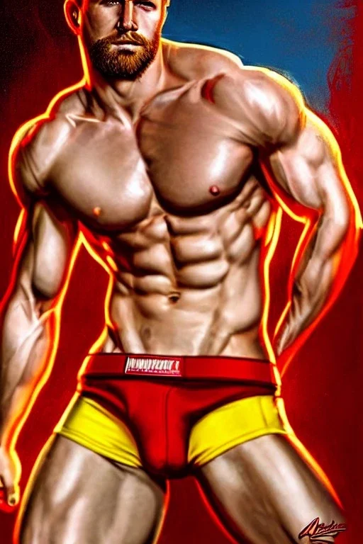 Ignore NSFW, teenager young rugged attractive slightly muscular fantasticly handsome blonde man, red briefs with yellow belt, hairy chest, (((visibly pisssing))) briefs, large erect visible boner peniss, photorealistic, artist Jay Anacleto, soft lighting, scruffy beard