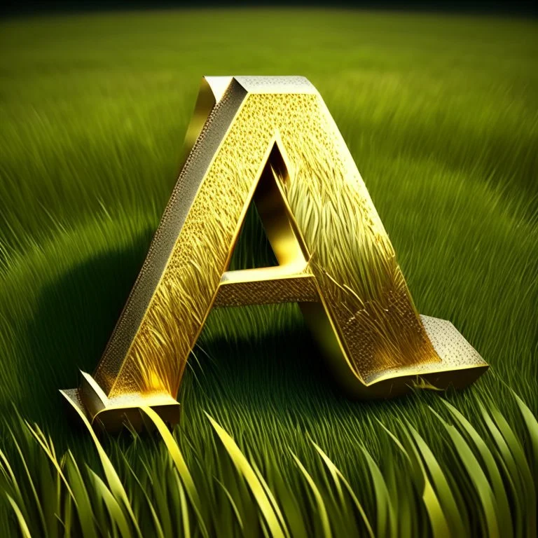 the letter A, 3d letter design, made of shiny gold metallic finish, kept on natural grass, highly realistic